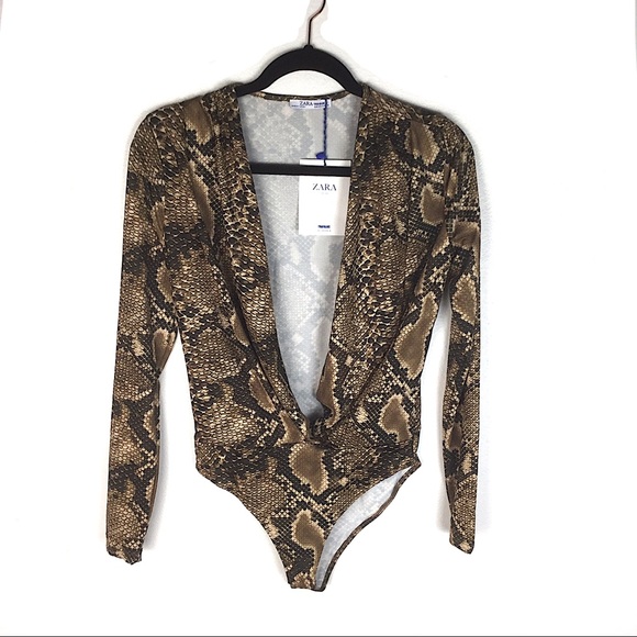 Zara Snake Print Bodysuit Wrap Style Brown - Picture 2 of 5